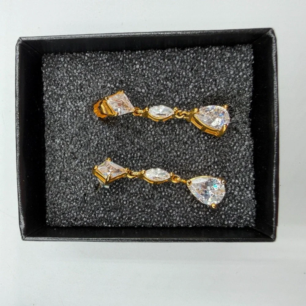Gold Tone Clear Crystal CZ Long Drop Dangle Earrings Pear Marquise Kite Pierced